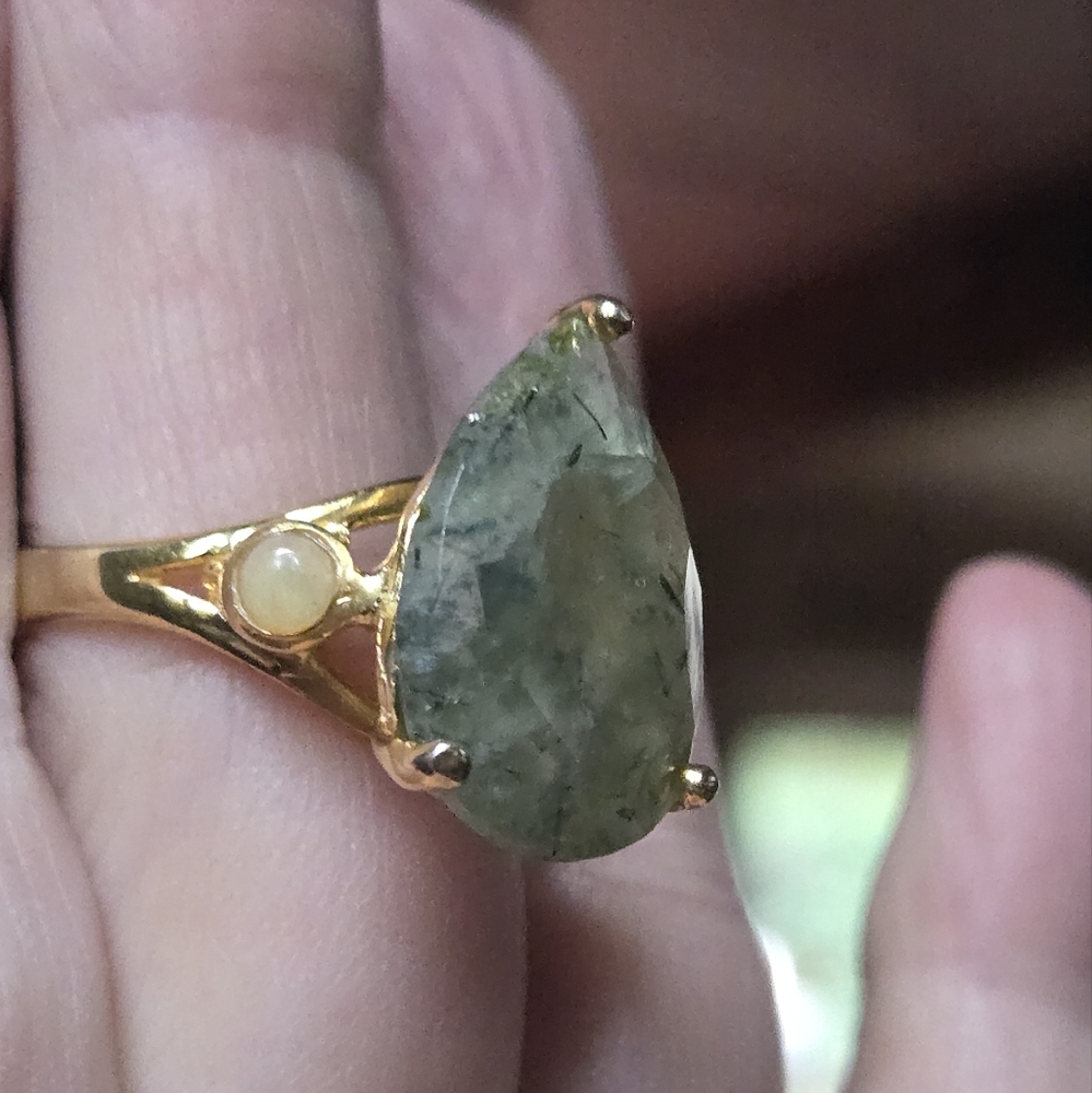 Prehnite & opal sterling & gold Ring sz7.5 - Picture 11 of 15
